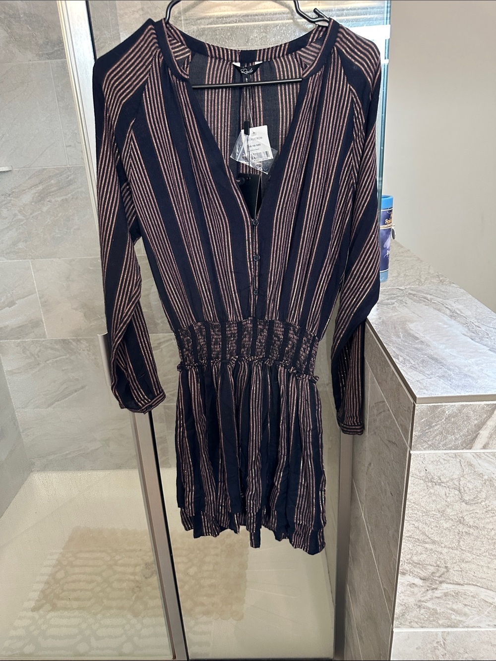 Rails Black and Gold Striped Long-Sleeve Smocked-Waist Dress